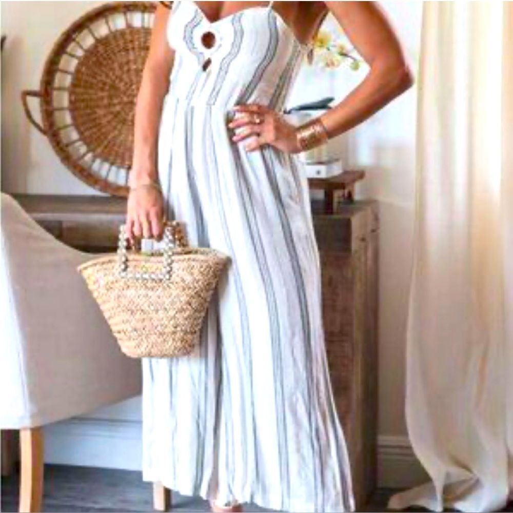 Surf Gypsy Jumpsuit! Gauzy White with black & white stripes & gold; Size small